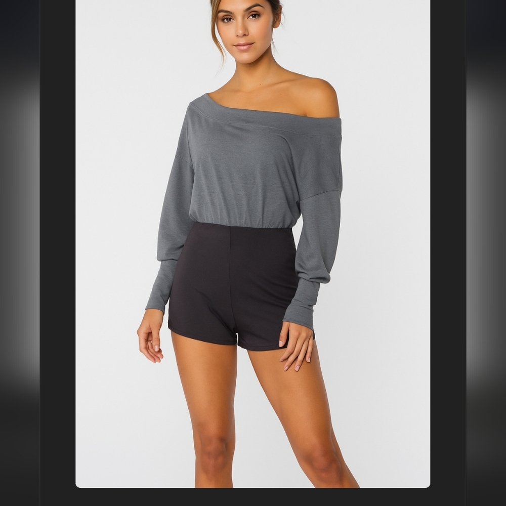 Free People Movement Off-Shoulder Long Sleeve Romper Gray And Black